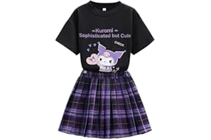 Satdflie Anime Conjunto Falda y Top Niñas Verano Camiseta Manga Corta y Minifalda Plisada de Cuadros Trajes 2 Piezas