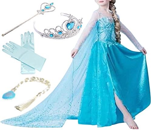 Halloween Girls Dress Clothing Costume Princess Party Dress Costume Set, Includes Tiara, Gloves, Magic Wand and Clip-on Braid 2-9 Years, Light Blue, azure, Taglia 110 per 3-4 anni