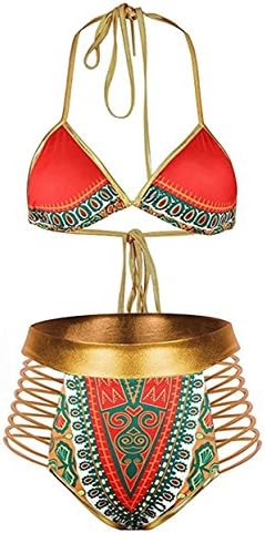 NAYOOTON BLZ Women Bikini Swimsuit Two Piece Beachwear Cutout Tribal Print Halter Neck Bathing Suit Swimwear S-3XL