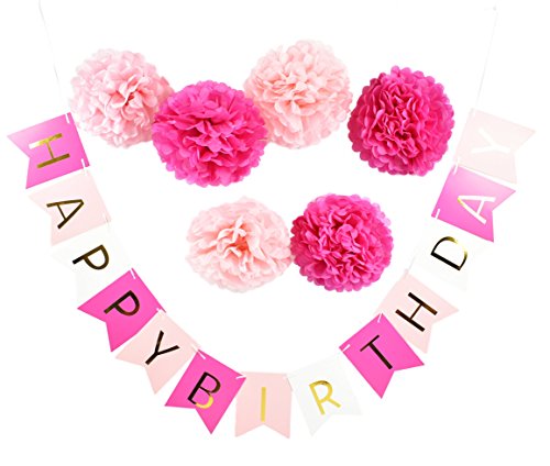 HAPPY BIRTHDAY Girlande Rosa Dekoration Serie 6er Set Seidenpapier PomPoms Deko