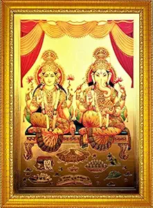 ADA Handicraft Gold Aluminum Plated Wooden Lakshmi MATA and Ganesh Ji Photo Frame for Wall and Pooja/Poster for Religious Framed Painting for Worship (24 X 33) cm