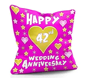 DreamVio Happy 42nd Anniversary Cushion,Pillow for Gifting on Birthday's & Wedding to Couple,Husband, Wife, Friends Color : Rani (12 x 12 inch)