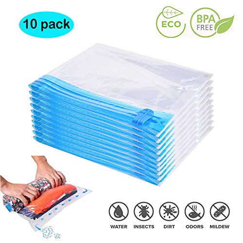 Enshant Sacs de Rangement sous Vide, Sacs de Compression sous Vide Réutilisables, Sacs de Stockage pour Voyage Rouleaux à la Main Économiseur d'Espace Pas Besoin de Pompe(Lot de 10)
