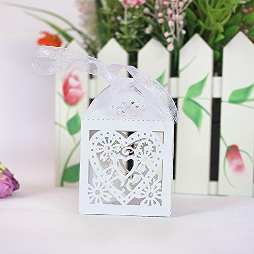 Elifestore 25 Heart Design Laser Cut Wedding Sweets Candy Gift Favour Boxes with Ribbon Table Decorations Candy Gift Boxes