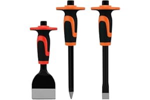 AIRLESS SJG Burin de Maçon Professionnel 3 Pièces - Ensemble Ciseaux à Béton avec Poignée Bi-Matière (300mm/250mm) - Protection Main pour Briques/Pierre