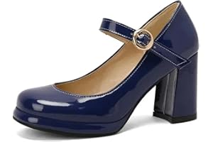 BKYWJTR6 Patent Leather Green Navy Blue Closed Toe Mature Ladies Office Pumps Buckle Strap Vintage Women Mary Janes Shoes Block Heels