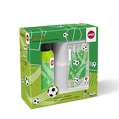 Emsa 2-teiliges Geschenkset für Kinder, Brotdose und Trinkflasche, Grün, Kids Set Soccer, 517225 - 2