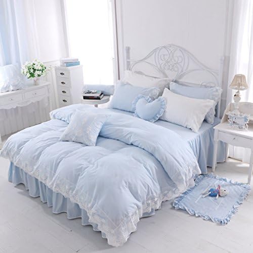Cotton King Bed Sheet Set Blue Lace Bed Cover Sets With Sheets Pillowcases For 2m Bedding