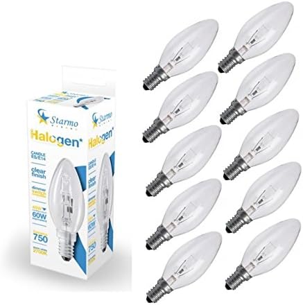 20 x Starmo 48w = 60w ES/E14 Candle Long Life Clear Eco Halogen Light Bulbs Dimmable Energy Saving 750 Lumens