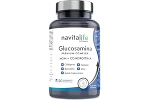 NAVITALIFE SUPPLEMENTS Glucosamina Condroitina. Glucosamina 1100mg + Condroitina + MSM. Mejora tú movilidad, reduce el dolor. Con Colágeno Marino Hidrolizado, Ácido hialurónico, Zinc, Selenio y Boswellia. 120 comprimidos.