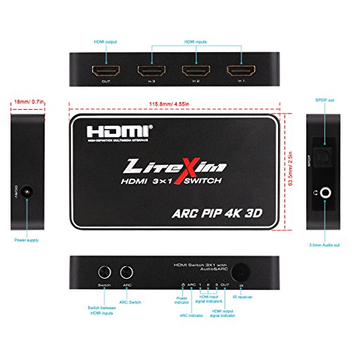 LiteXim 3×1 HDMI Switch mit PIP, SPDIF Audio ARC Funktion und 3,5 mm Stereo Audio-Auszug, Multifunktions-HDMI-Switch-Hub mit IR Remote, zertifiziert für 4Kx2K @ 30Hz und 3D Support - 6