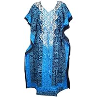 Mogul Interior Womens Cotton Kaftan Printed Blue Kimono Caftan Maxi Dress One Size