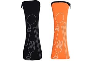 REQAG Cutlery Bag for Travelling, Portable Neoprene Cutlery Box, 2 Pieces Picnic Tableware Camping (Orange/Black)
