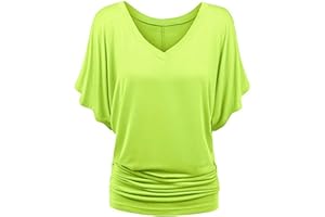 TIMEMEAN Femme Blouses Chemise à Manches Chauve-Souris Et Ourlet Replié Tunique De Couleur Unie à Manches Courtes Et Col en V De Grande Taille