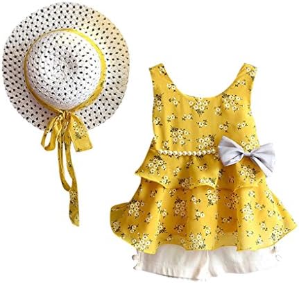 Girls' Clothes Set JYJM Fashion Casual 3PC Baby Girl Outfits Clothes Floral Vest T-Shirt+Pants+Sun Hat Set Wear Sportswear Gift For Girl Party Costume Photo Prop Chiffon Skirt Miniskirt (9, Yellow)