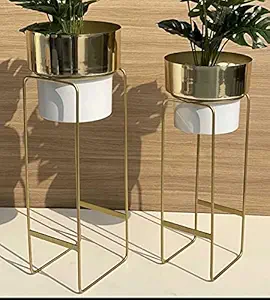 HOMEROX Metal Planter Gold and Waite, outdor indor Planter Set of 2 |