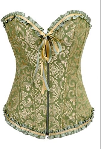 HAMANY Plus Size Women's Satin Lace up Boned Corset Zipper Brocade Top Green,Size M