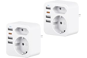 ACABUMA 6 en 1 Ladron con Multiples Enchufes USB, 3 Puertos USB y 1 Tipo C (20W Carga rápida), Doble Enchufe Schuko, Adaptador de Pared, Compatible con Phone, Pad, para Hogar Oficina (2 Pack Blanca)