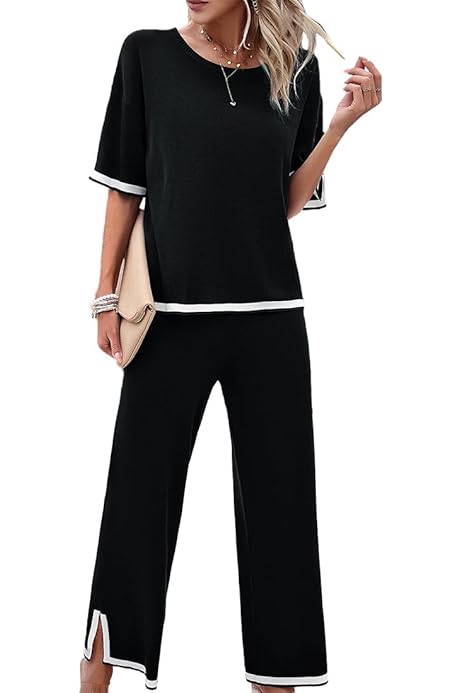 Ensemble Femme 2 Pièces Coton Et Lin Ete Chic Elegant Grande Taille T-Shirt Top + Pantalon Large Costume 2 Pièces Décontracté Sport Jogging Respirant Plage Tops + Pantalon 2 Piece Suit Pas