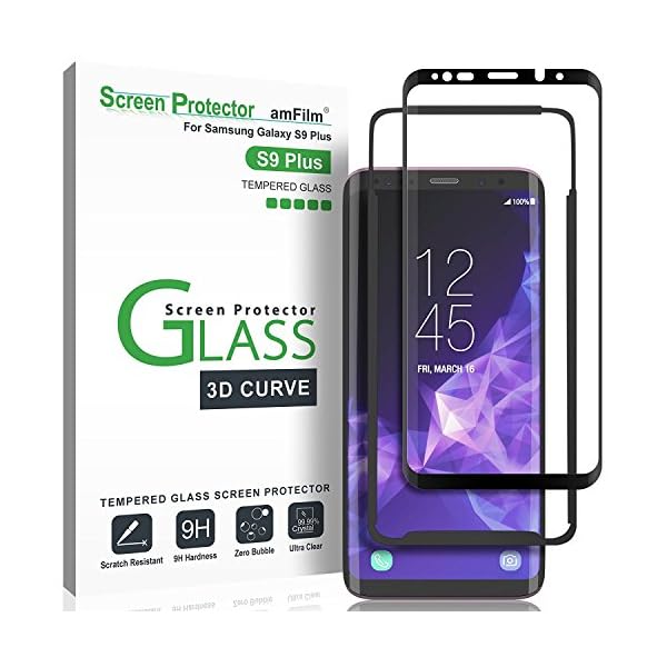 Protector de Pantalla Galaxy S9 Plus, amFilm Anti-Burbujas (3D Curvo) Cristal Vidrio Templado Protector de Pantalla para Samsung Galaxy S9 Plus (Negro)