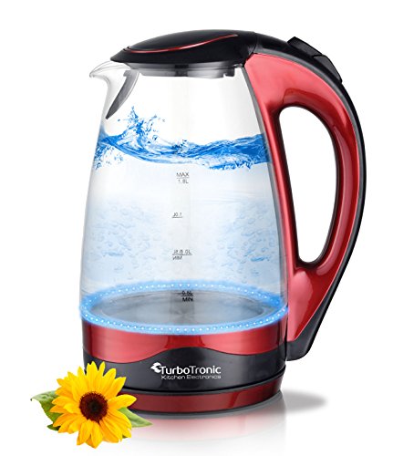 TurboTronic Glas Wasserkocher 1,8 Liter mit LED Beleuchtung Blau (innen) BPA Frei, Leistung: 2200 Watt, Farbe: Rot-Metallic, inklusive Kalkfilter am Ausguss und 360° Basis-Station (kabellos), Edelstahl Bodenplatte mit nicht sichtbaren Heizelement - 5