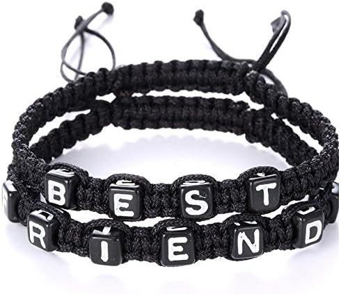 Shlonger Handmade Best Freiend Braided Bracelet for Friendship Cuff Strentch Chain Bracelet Letter rope 2PCS Black