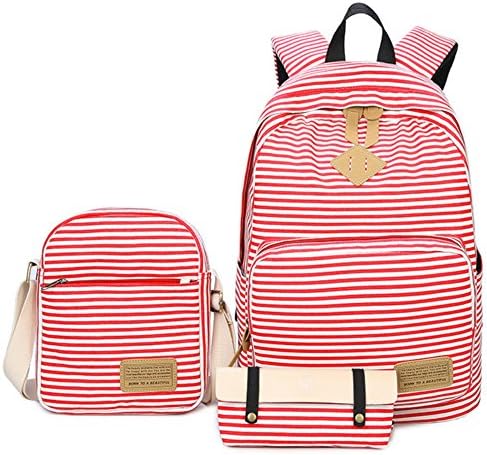 3-in-1 Cute Thickened Canvas School Backpack Shoulder Bag Pencil Case (Red)
