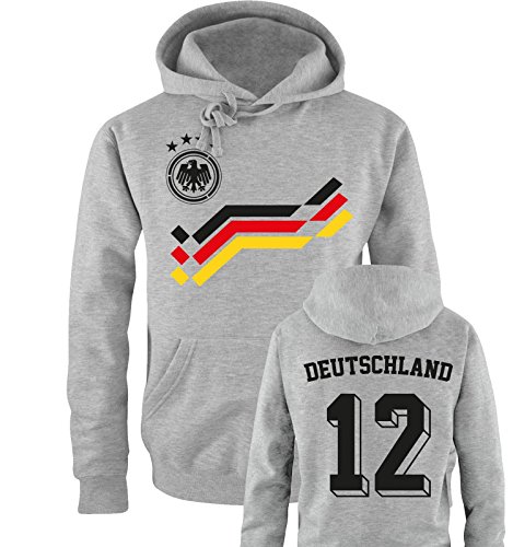 EM 2016 – RETRO-TRIKOT – DEUTSCHLAND – 12 – Herren Hoodie – Grau / Schwarz-Rot-Gelb Gr. S