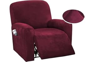 DSECHCRSL Velvet Recliner Chair Cover with Side Pocket, 4 Piece Non Slip Reclining Chair Cover, 1 Seat Stretch Recliner Cover Form Fitted Thick Soft Washable for Living Room, Pet, Kids, Wine red