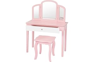 RELAX4LIFE Set Toeletta in Legno con Sgabello, Tavolo da Trucco con Cassetto con 3 Specchi per Bambini, Kit Toeletta da Trucco con Sedia per Bambine, Giocattolo da Trucco per Bambini (Rosa)