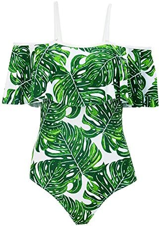 Zlove Women's Off Shoulder Ruffle Bodycon One Piece Swimsuit Green Leaf Swimwear (M)