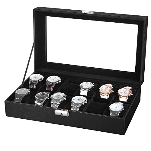 Songmics Uhrenbox Uhrenkoffer Uhrenkasten Kunstleder für 12 Uhren JWB12B - 6