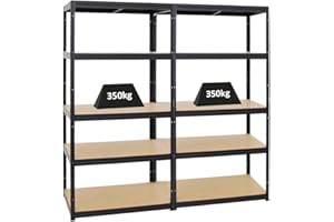 PROREGAL Mega Deal 2X Étagère Charge Lourde Slim Elephant M | HxLxP 180x90x60cm | 5 Niveaux | 350kg par Niveau | Noir | Lot d'étagères Robustes de Garage, Atelier, Cave, sous-Sol, Stockage, Rangement