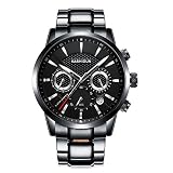 Herrenuhren Edelstahl Schwarz Klassische Luxus Business Casual Uhren mit Mondphase wasserdichte Multifunktions Quarz Armbanduhr für Herren (B)