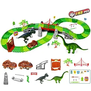 182 Pcs Set Dinosaur Track Toy | Flexible Track Playset and 2 LED Dinosaur Cars for 3 4 5 6 Year & Up Old Boys Girls | Create a Dinosaur World Road Race
