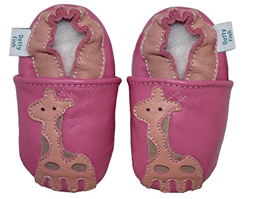 Soft Leather Baby girl Shoes with Suede Soles by Dotty Fish Pink Giraffe design - 6-12 months