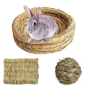 Tfwadmx Rabbit Grass Bed, Small Animal Chew Toys Woven Grass Ball Hay Mat for Bunny/Hamster/Chinchillas/Guinea Pigs/Ferret/Small Pets