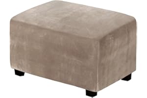Highdi Ottoman Cover Rectangle Velvet, Solid color Stretch Footstool Slipcover, Stool Protector Cover with Elastic Bottom, Dustproof Removable Washable Footrest Pouffe Covers (Taupe,M)