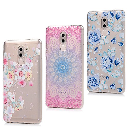 Lanveni Huawei Honor 6X Hülle × 3, Handyhülle Huawei Honor 6X TPU Schutzhülle TPU Bumper Weiche Silikon Case mit Bunte Cover Design (Bunte Blumen + Blau Rose + Totem-Blumen)