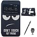 Produktbild Motorola Moto G 3. Generation Schutzhülle Leder Hülle, Alfort 3 in 1 Flip Fashion Design Dual Use Falten Premium PU Leder Tasche Case Cover Flip Fenster Window Touch Screen für Motorola Moto G3 5.0" Smartphone Funktion Standfunktion Unterstützte Telefone mit Schwarze Augen ( Schwarz ) + Netter Staub Stecker + Alfort Schwarz Stylus Pen