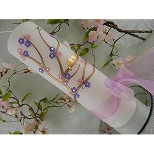 Hochzeitskerze Traukerze floral Blumen flieder rosa Vögelchen 250/70 mm inkl. Beschriftung