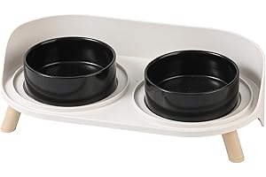 AHX Zestaw misek na wodę i karmę dla kotów – podwyższone, z antypoślizgowym stojakiem, dla szczeniaków, małych psów, podwójne ceramiczne miski z ochroną przed zachlapaniem, naczynia dla wysokich kotów