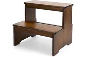 StrongTek Taburete de bambú de dos escalones para adultos y niños, taburete de cama con parte inferior antideslizante, resistente para cocina, baño, taburete de noche, escaleras de madera, capacidad