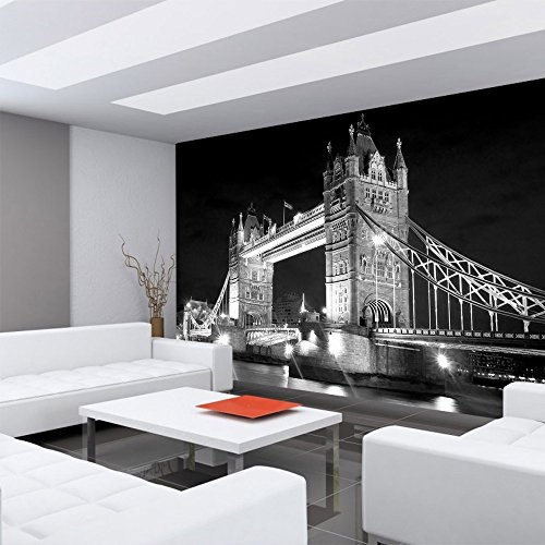 Vlies Fototapete 152.5x104cm PREMIUM PLUS Wand Foto Tapete Wand Bild Vliestapete – London Tapete Brücke Tower Bridge Fluss Wolken England Nacht schwarz – no. 2491 - 6