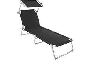 TecTake® Chaise Longue Pliante Portable Bain de Soleil Jardin Exterieur avec Pare Soleil Chaise Longue inclinable Transat de Plage Relax Jardin Camping Salon de Jardin Exterieur - Noir