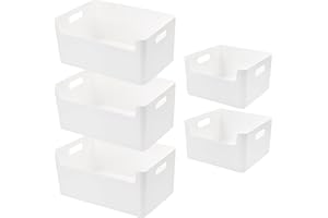 LYLIDIA Boite de Rangement Plastique Empilables 5pcs Panier de Rangement avec Poignées Boîte Rangement Blanche Bac Plastique Rangement Placard Panier Rangement Salle de Bain Cuisine Bureau