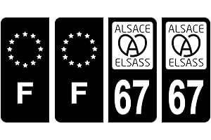 HADEXIA Lot 4 Autocollants Plaque immatriculation département 67 Bas-Rhin Région Alsass Alsace Noir & F France Europe