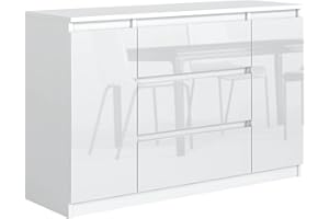 meble masztalerz Komoda Biała z 3 szufladami i 2 drzwiami - Fronty Wysoki Połysk - 120,4x78,2x39 cm - Komoda do salonu, sypialni - Szafka z szufladami - Komoda z szufladami - 120 cm