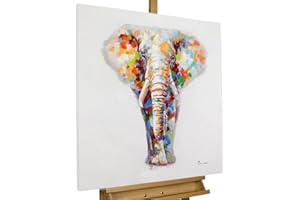 KunstLoft Tableau peinture moderne | 100% PEINT À LA MAIN | 80x80cm | Peinture sur toile 'Éléphant doux' | Éléphant | Multicolore | Deco murale salon