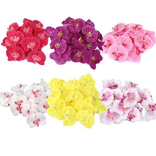 Generic 20x Kunstblumen Orchidee Blumen Köpfe , Schmetterlingsorchidee Blüten Blumenköpfe Hochzeit Dekoration – Weiß mit Lila, 9cm - 9